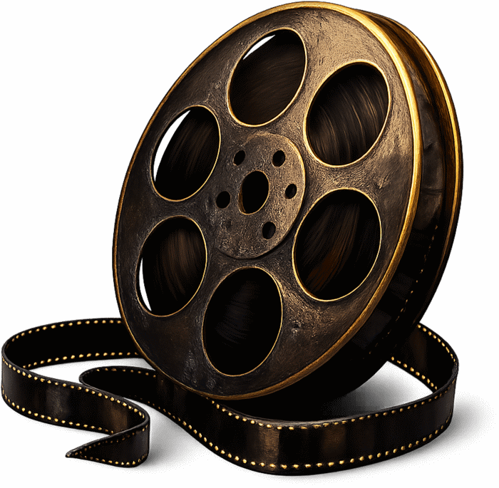 Vintage cinema film reel with unspooled film strip